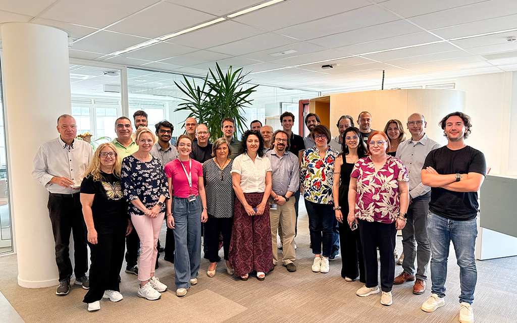 A group of people posing formally indoors. A sunny scene with summery clothing.