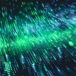 abstract image with black, blue and green colours. It depicts a mosaic that mimics electrical signals