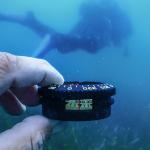 Diver navigating underwater using a compass, with a scuba diver visible in the background